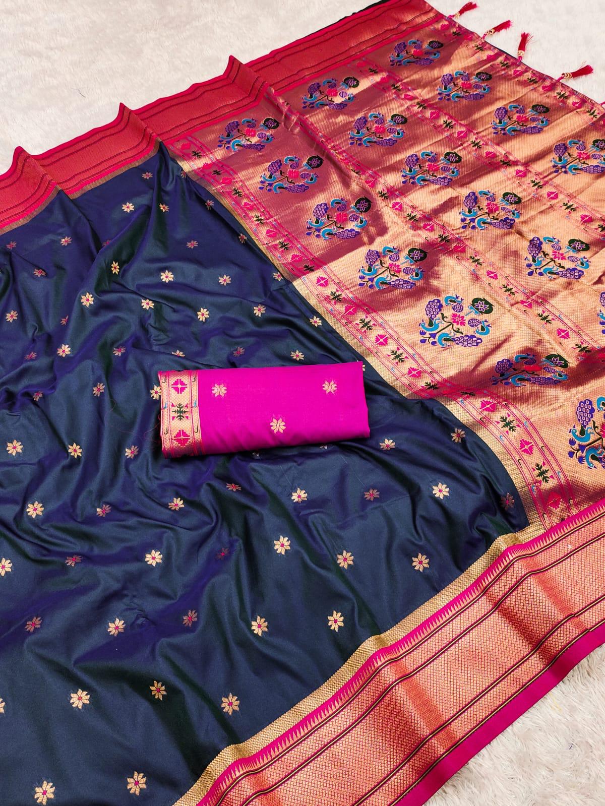 Teal Blue color paithani silk saree with blouse images