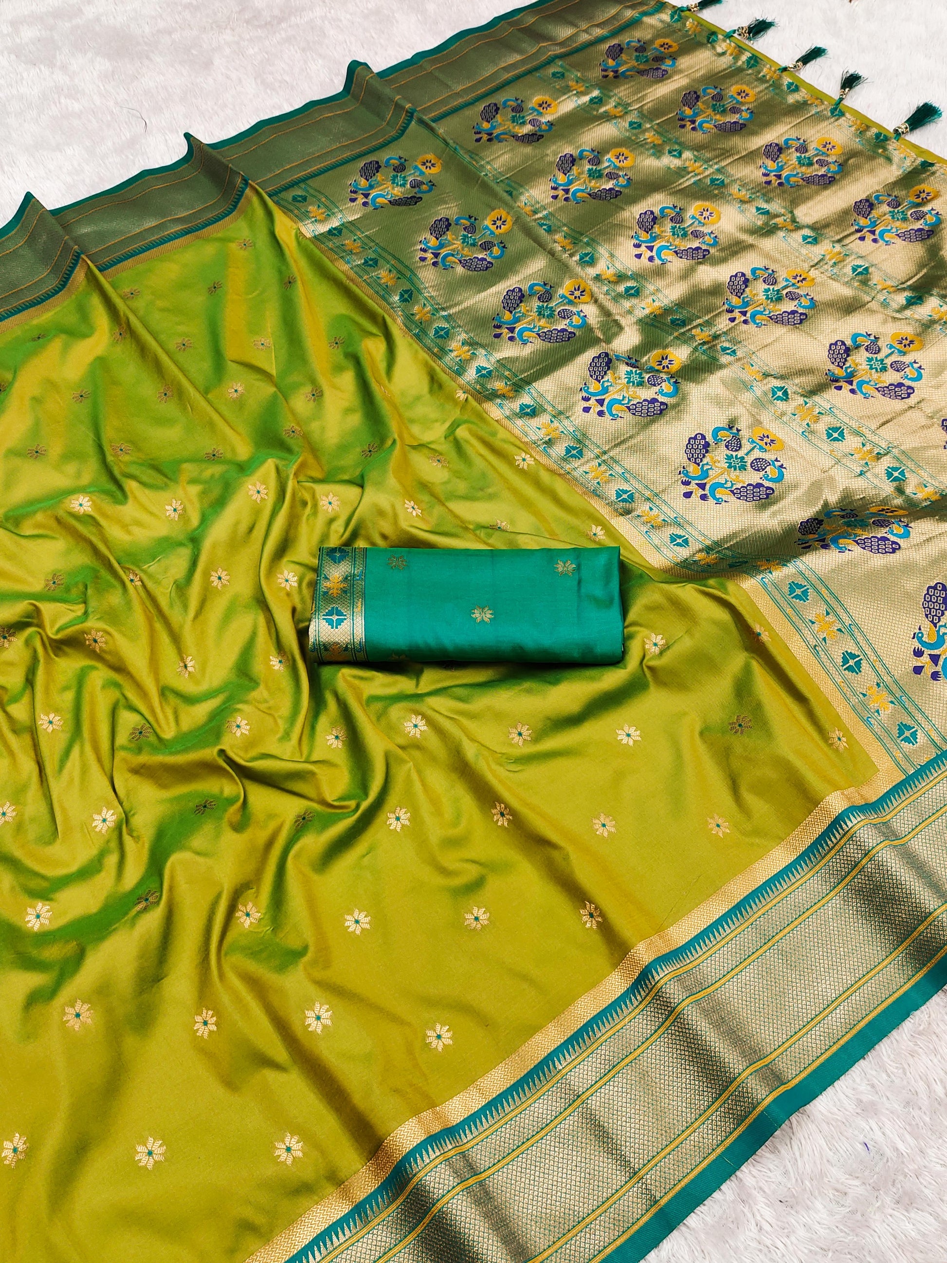 Green color paithani silk saree with blouse images