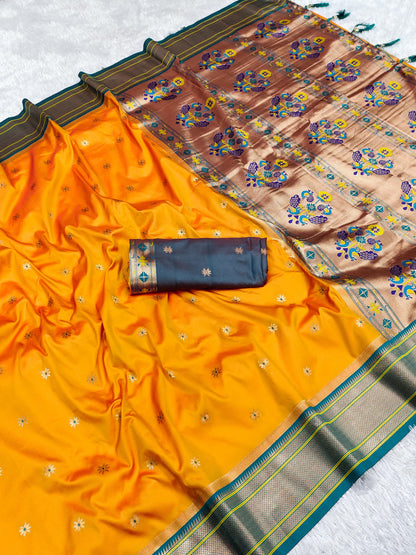 Yellow color paithani silk saree with blouse design