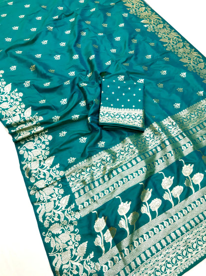 Rama color banarasi silk saree with blouse 