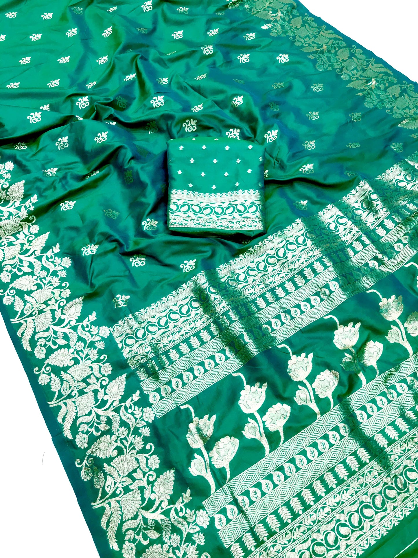 Rama color banarasi silk saree with blouse images