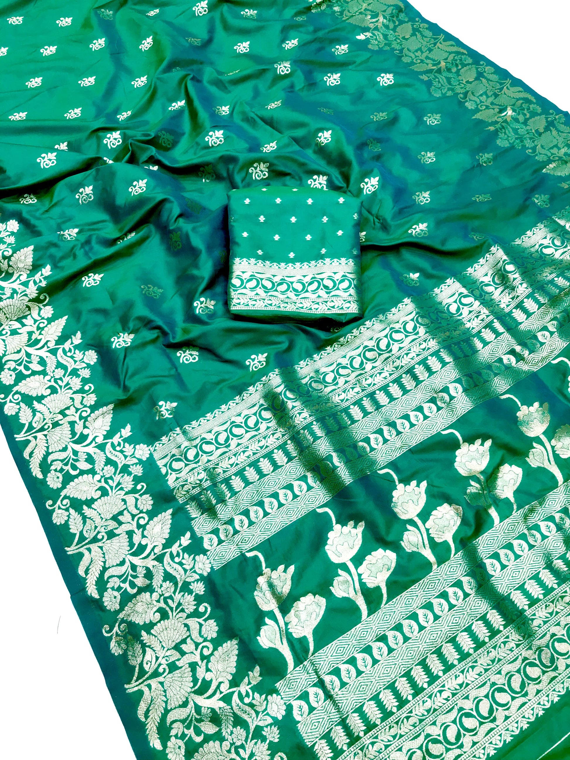 Rama color banarasi silk saree with blouse images