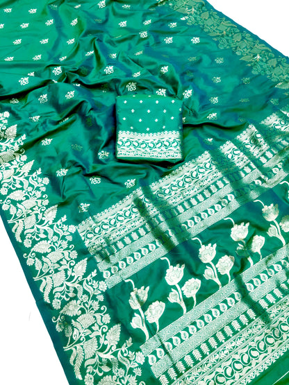 Rama color banarasi silk saree with blouse images