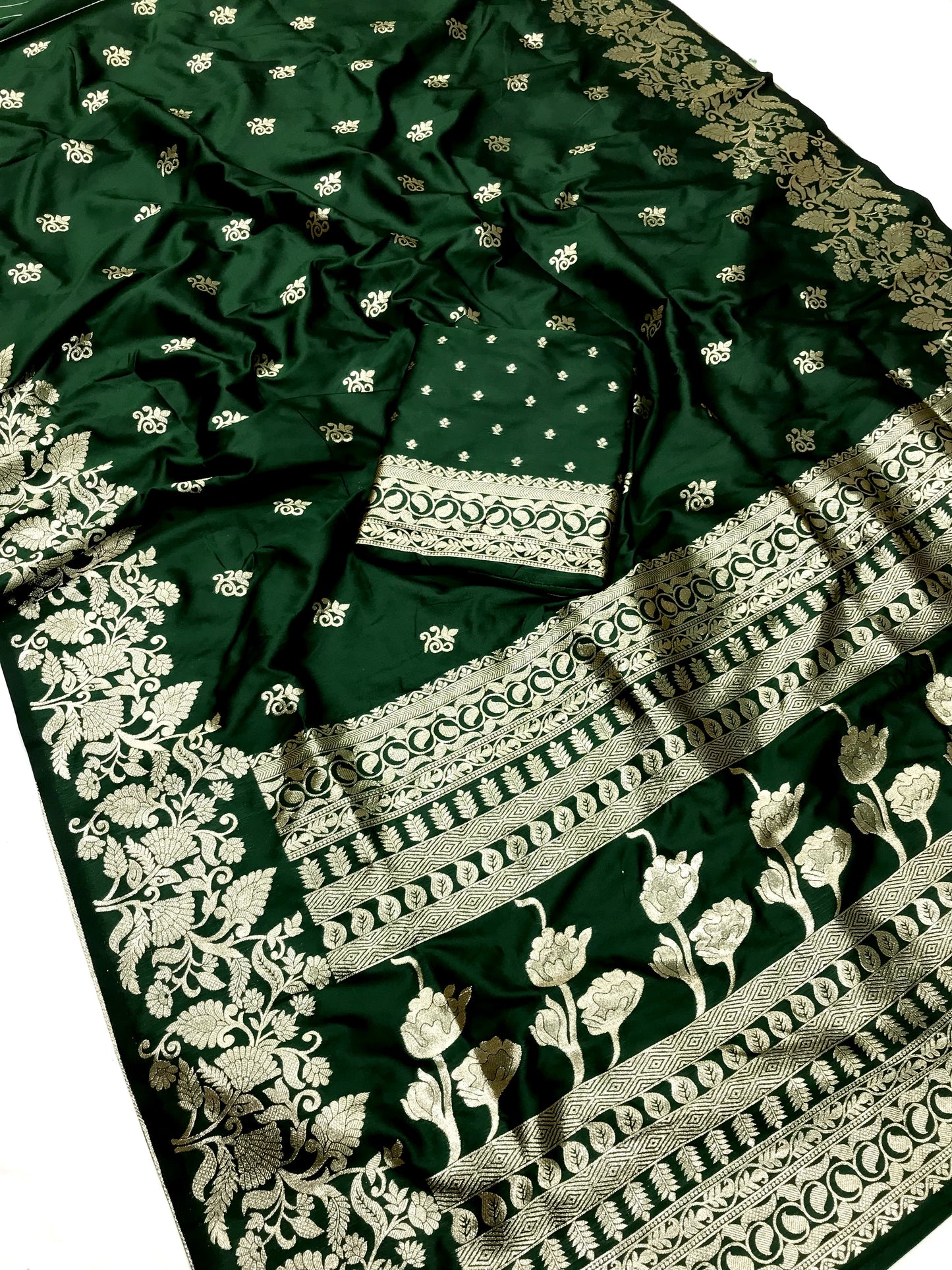 Green color banarasi silk saree with blouse design