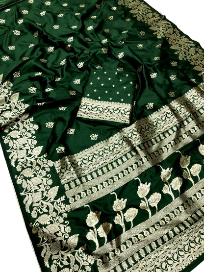 Green color banarasi silk saree with blouse design