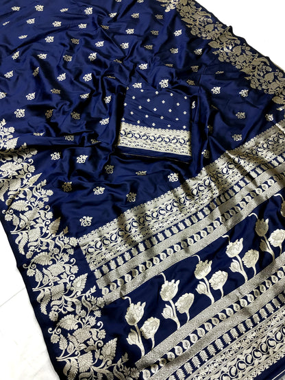 Navy Blue color banarasi silk saree with blouse images