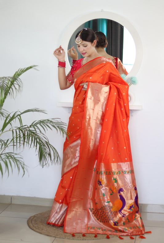Orange color paithani silk saree for women