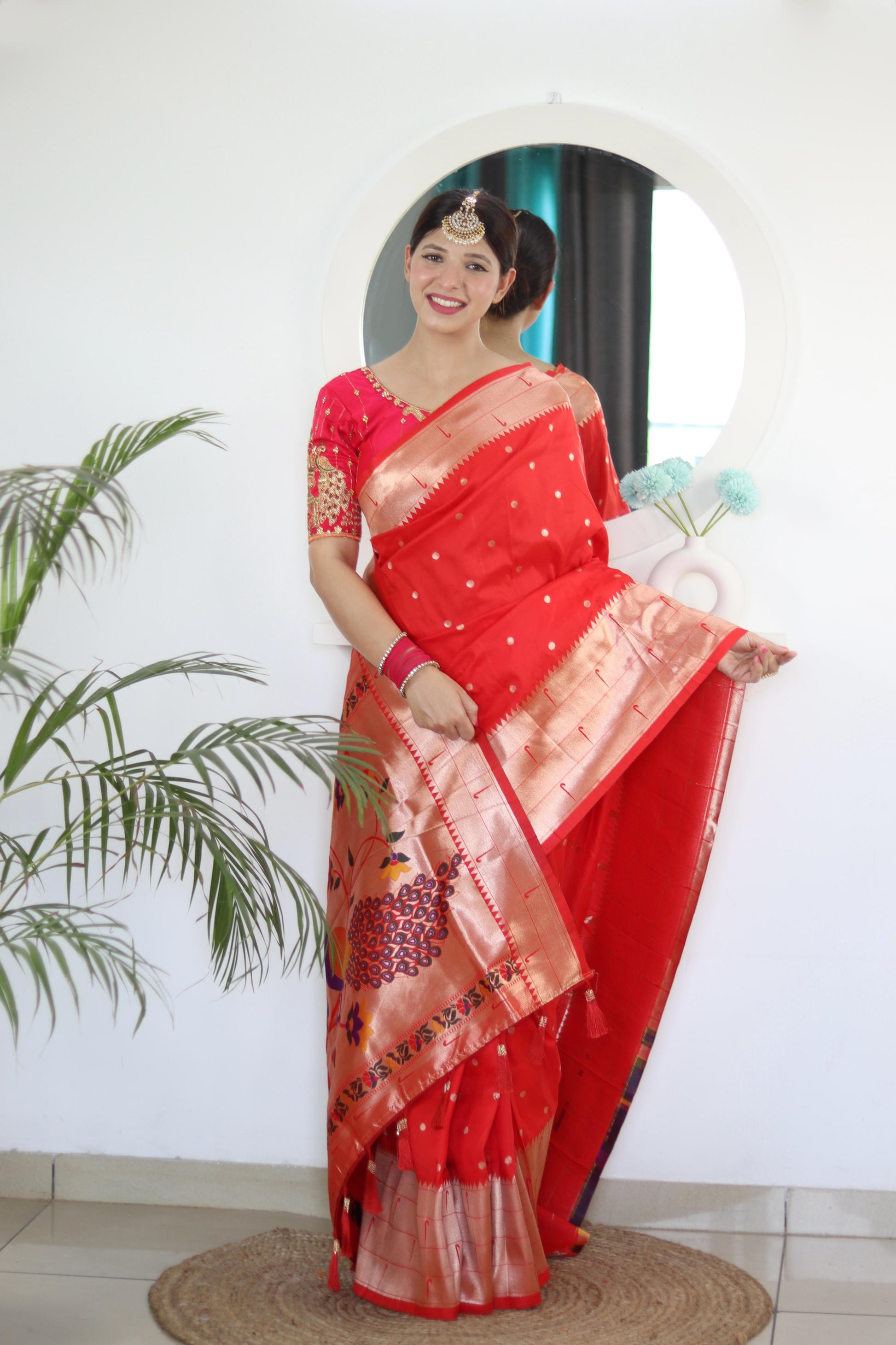 Red color paithani silk saree with blouse
