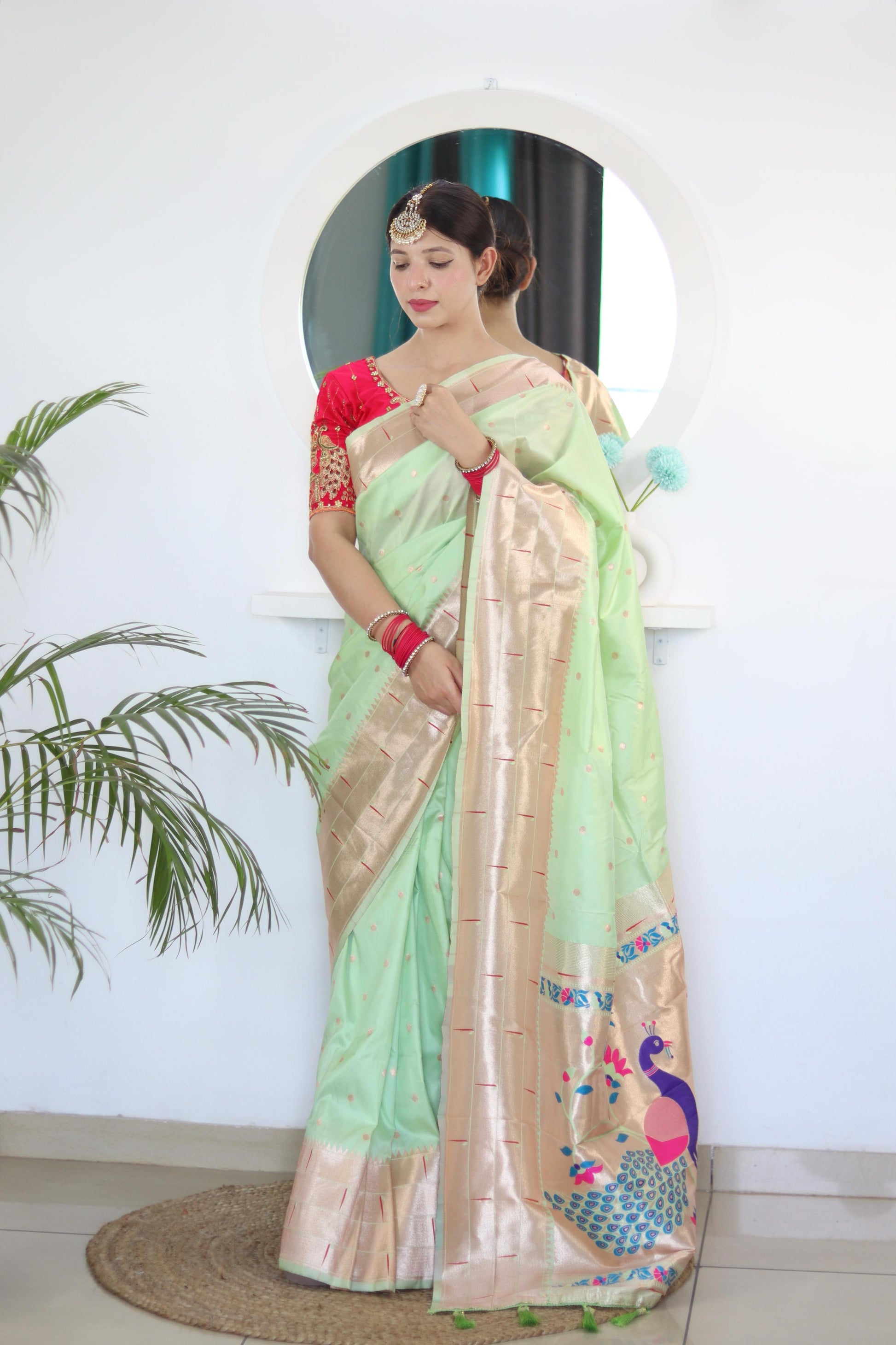 Pista color paithani silk saree with blouse price