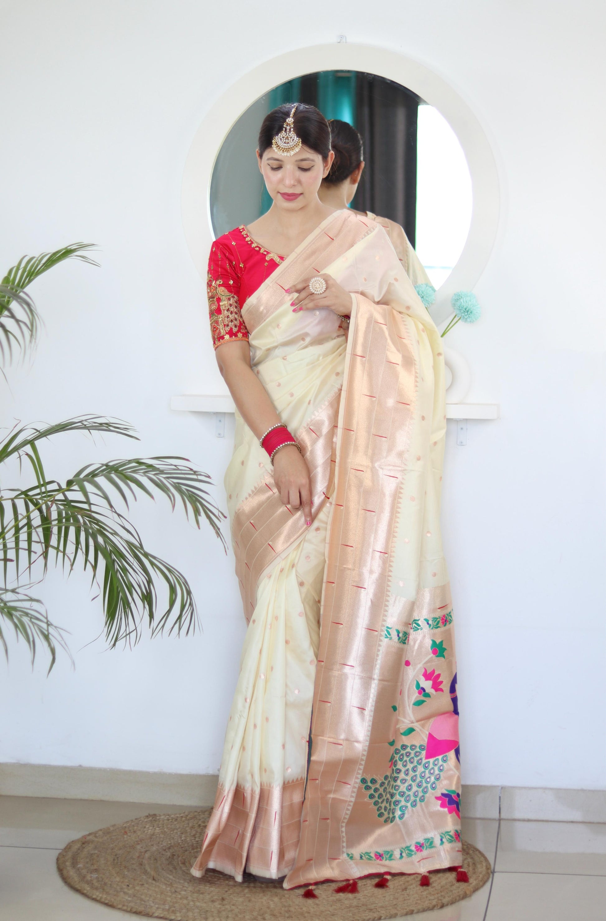Orange color paithani silk saree with online shopping