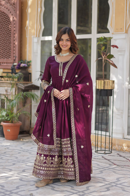 Wine color shimmer vichitra gown for wedding