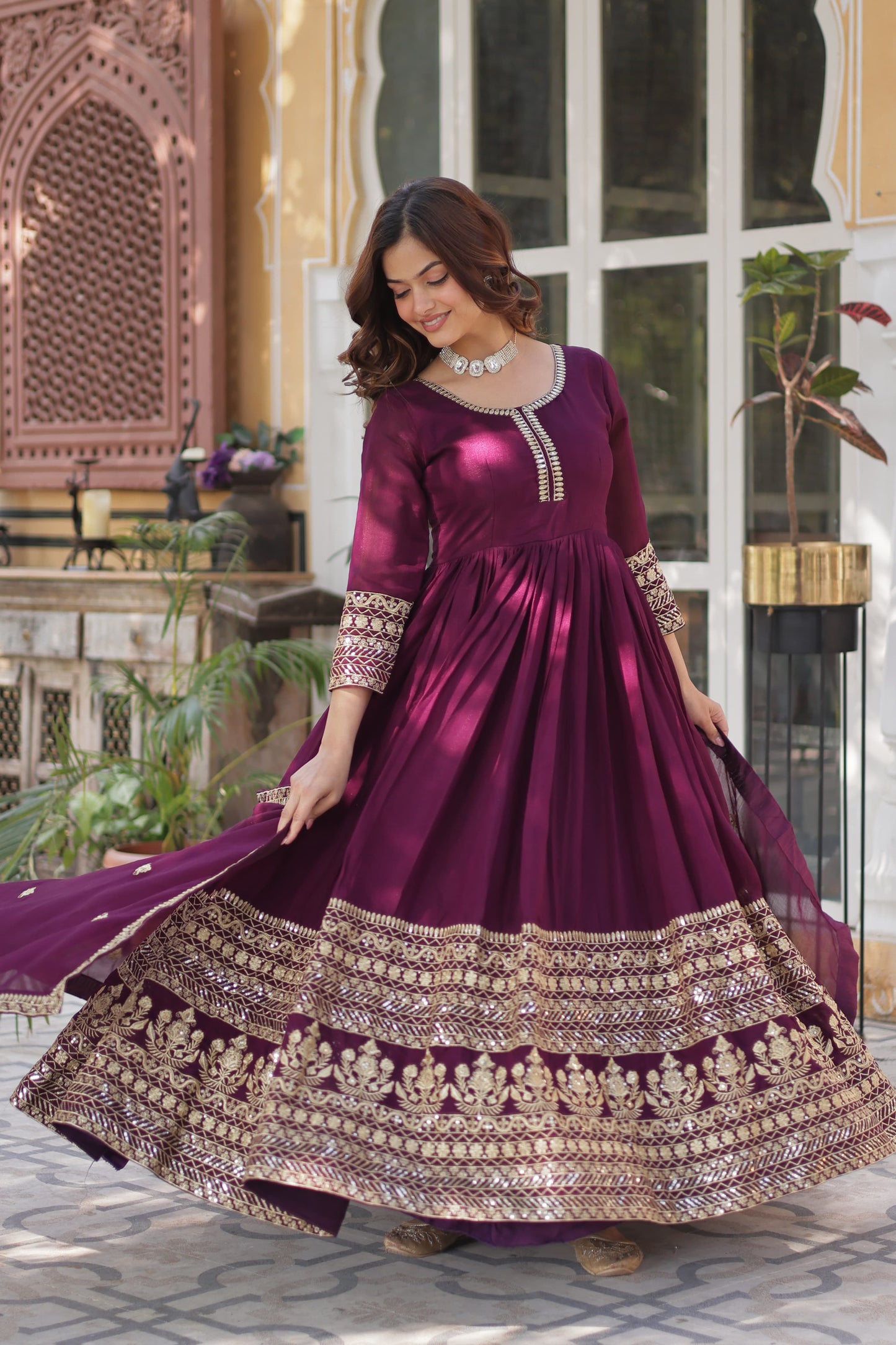Wine color shimmer vichitra gown with dupatta online