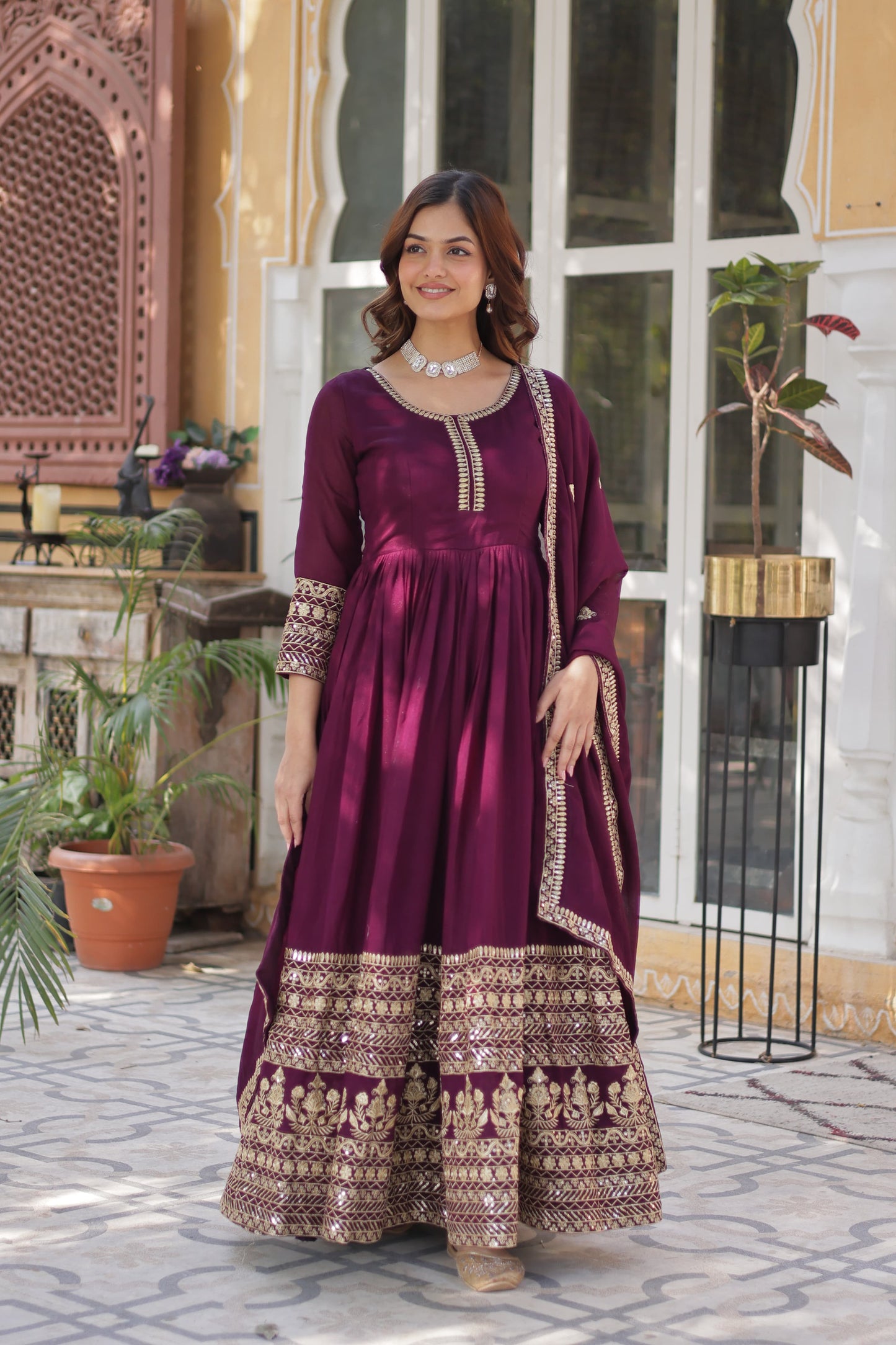 Wine color shimmer vichitra gown with dupatta online shopping