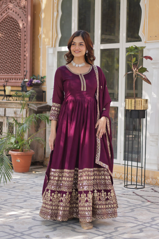 Wine color shimmer vichitra gown with dupatta online shopping