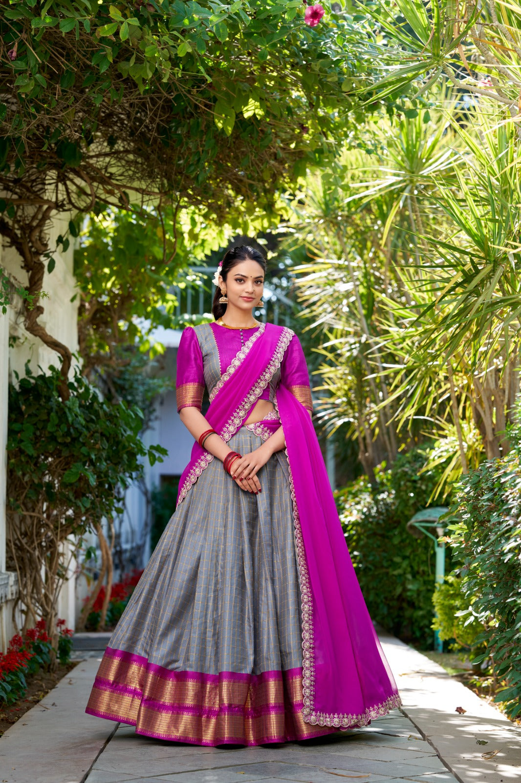 Grey color zari weaving chex lehenga choli for women