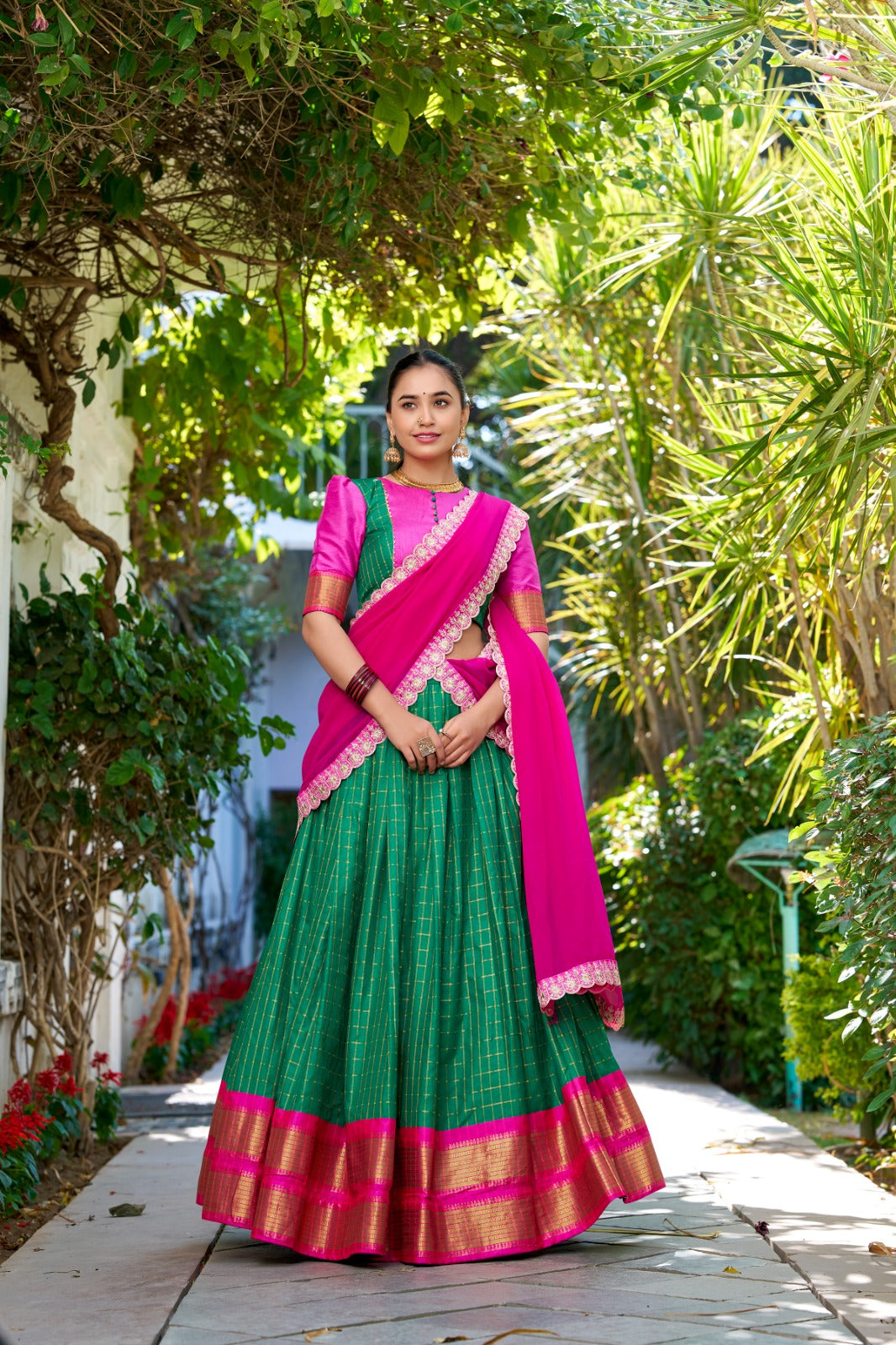 Green color zari weaving chex saree for women