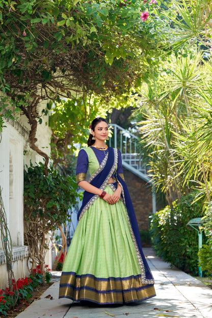 Pista color zari weaving chex lehenga choli with dupatta
