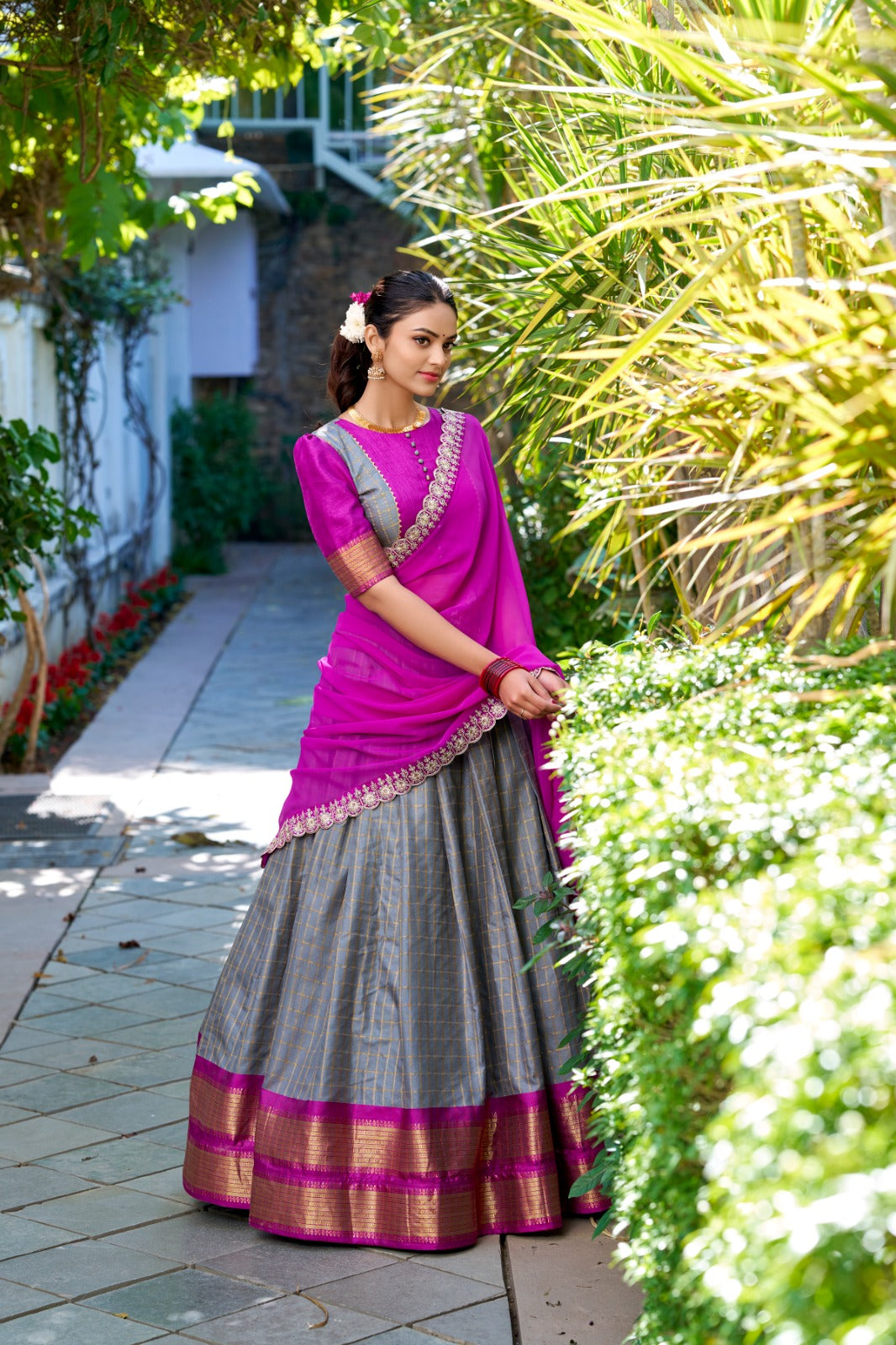 Grey color zari weaving chex lehenga choli with dupatta