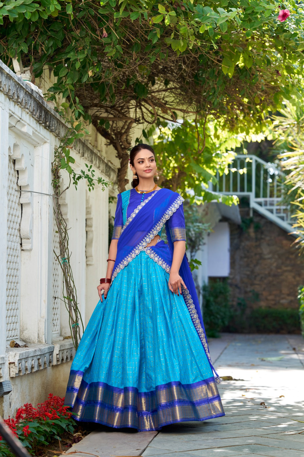 Blue color zari weaving chex lehenga choli 