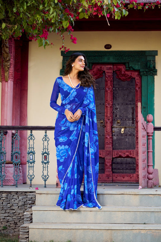 Blue color chiffon printed saree for women