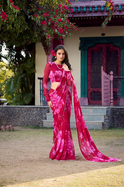 Pink color chiffon saree for women