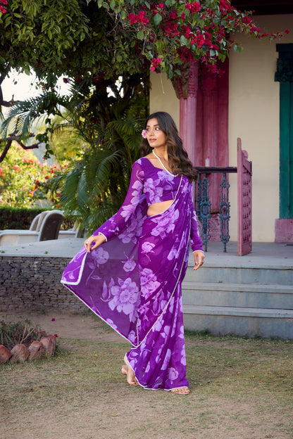 Purple color chiffon saree with blouse online