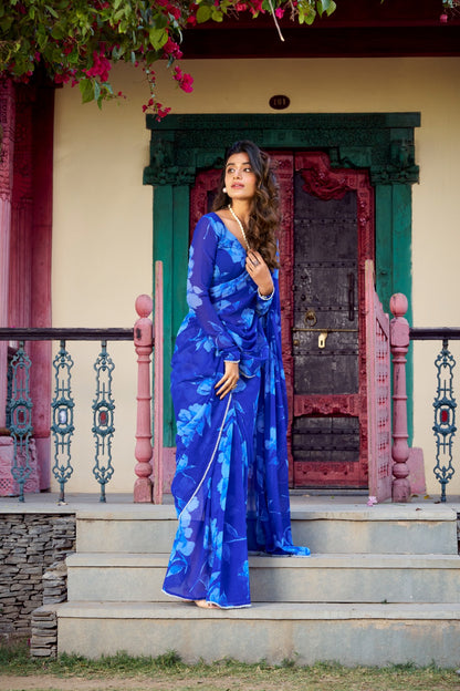 Blue color chiffon printed saree for party