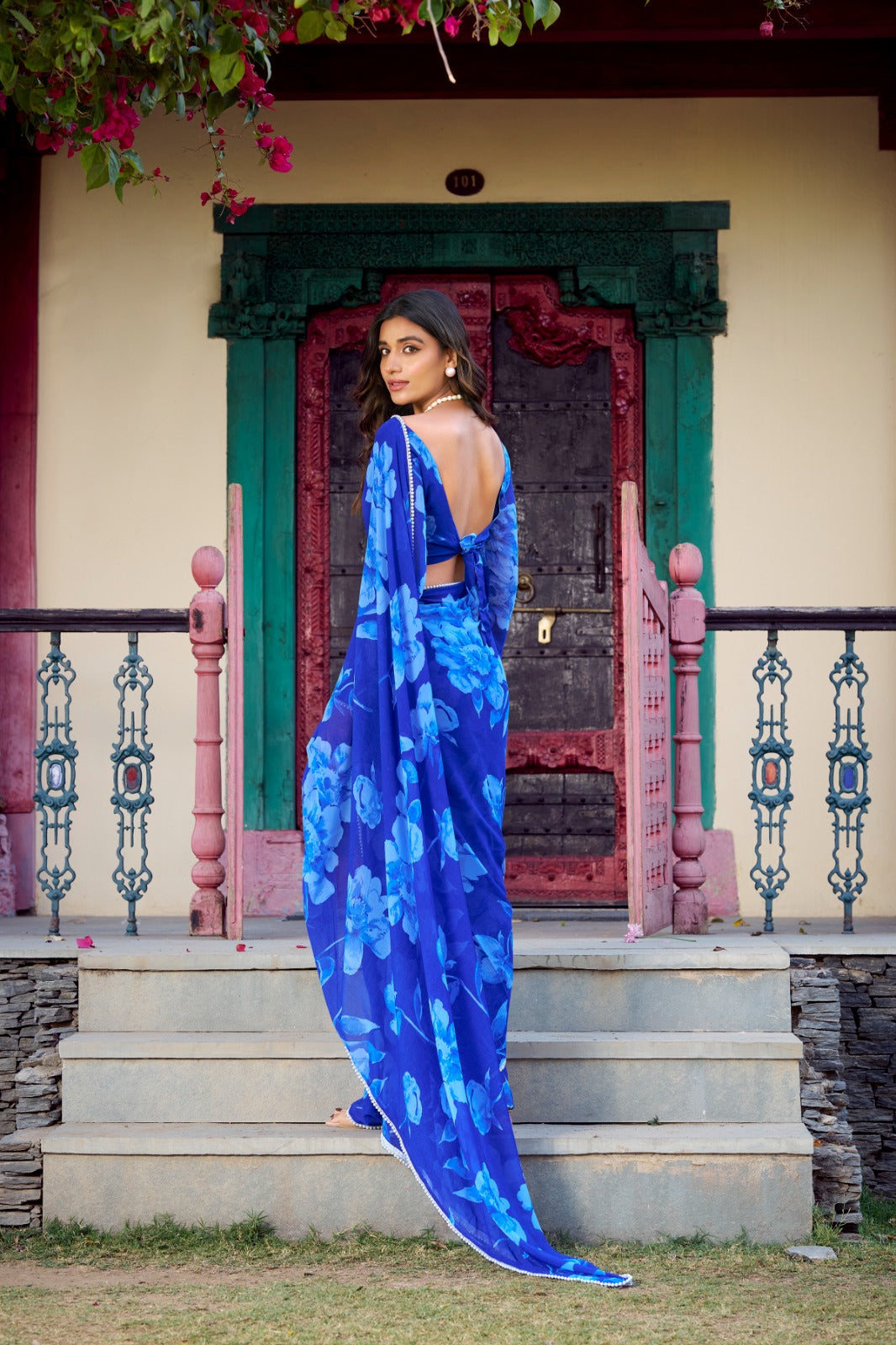 Blue color chiffon printed saree with blouse online