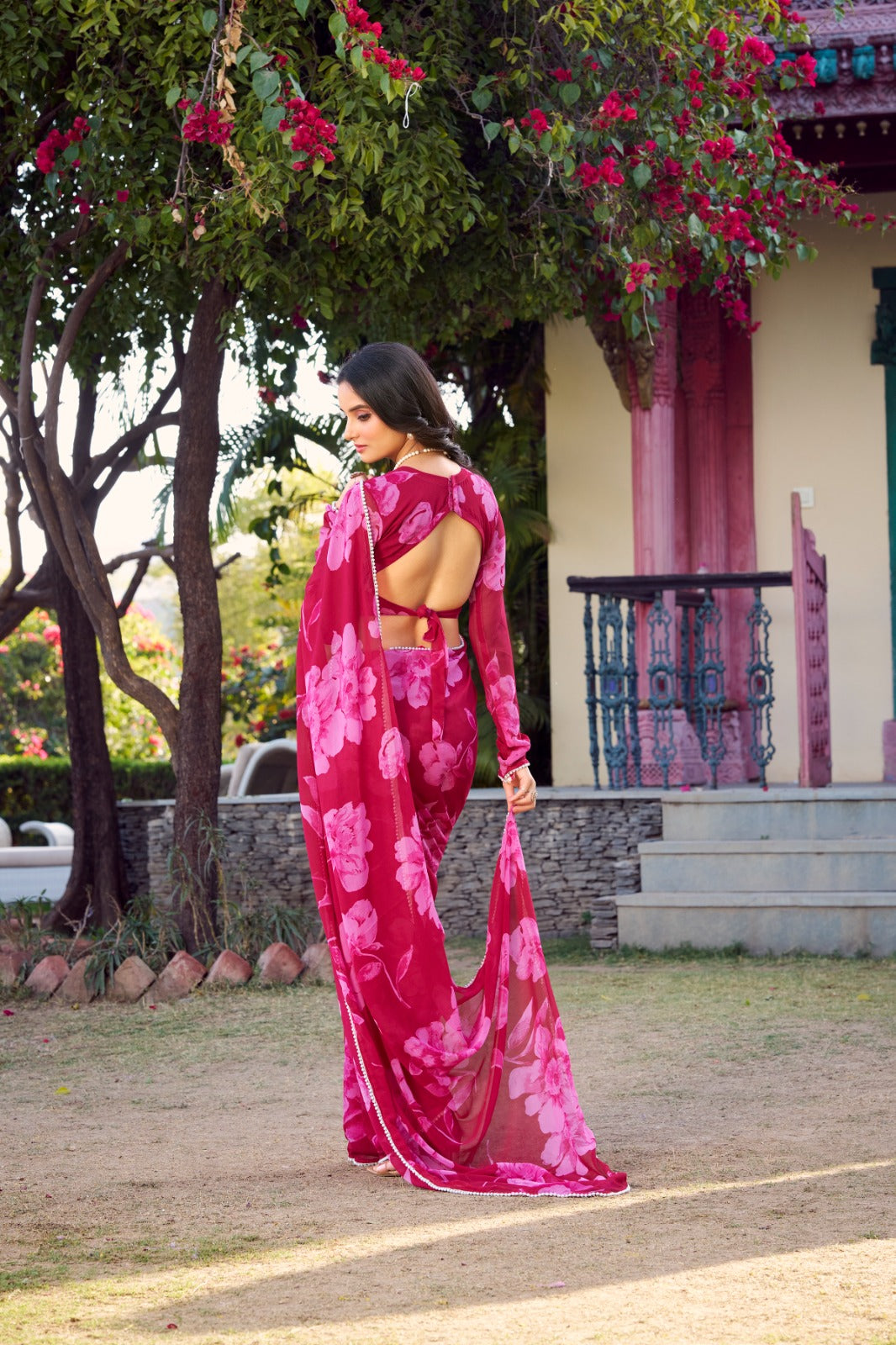 Pink color chiffon saree with blouse online shopping