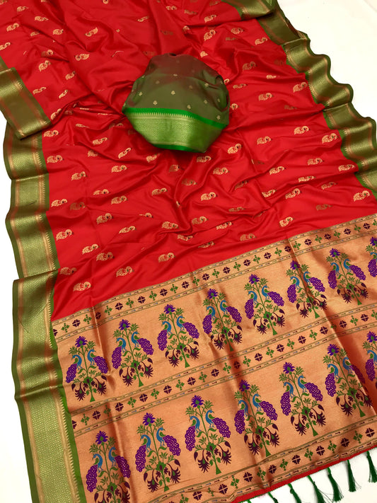 Red color paithani silk saree for women
