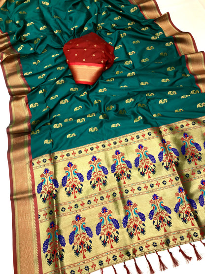 Teal blue color paithani silk saree with blouse price