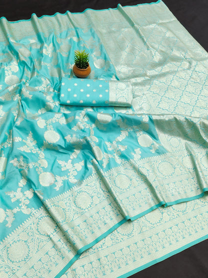 Sky color banarasi silk saree for wedding