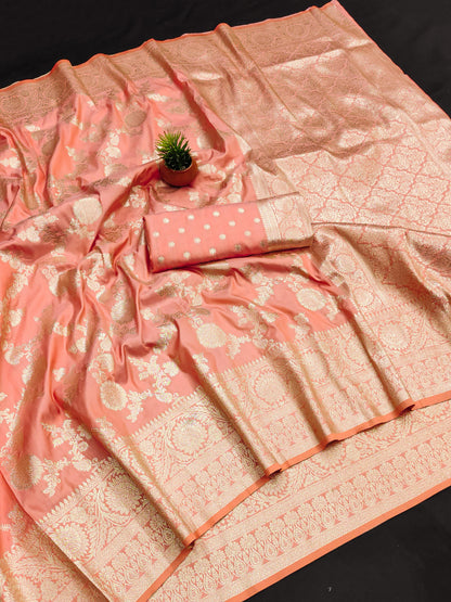 Peach color banarasi silk saree with blouse 