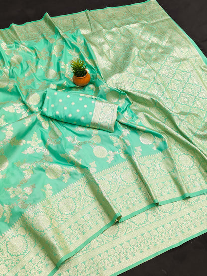 Rama color banarasi silk saree with blouse online 