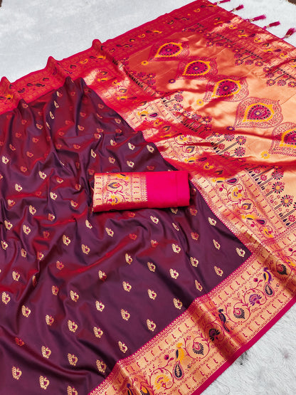 Wine color paithani silk saree for women
