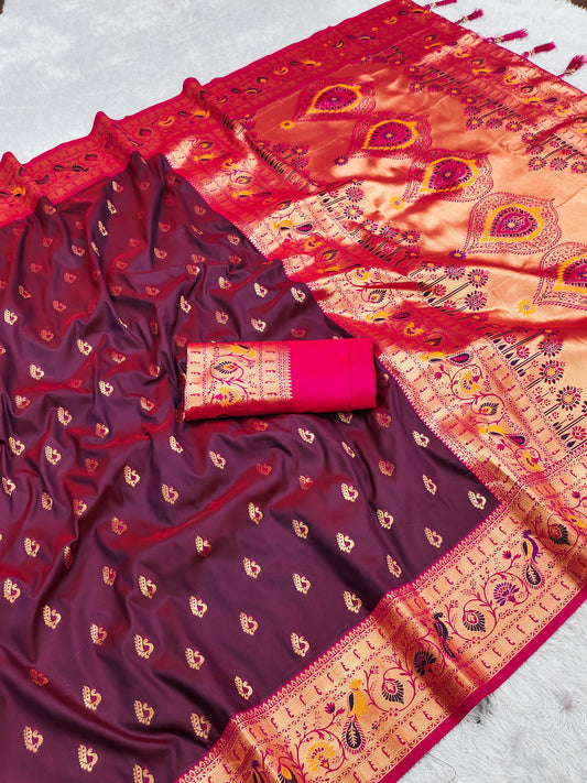 Wine color paithani silk saree for women