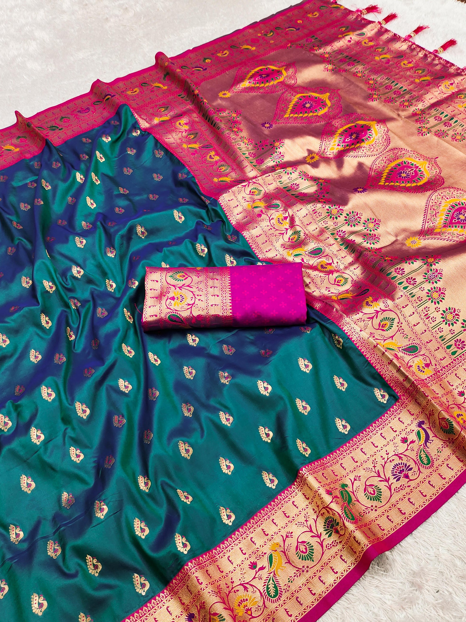 Teal color paithani silk saree with blouse price