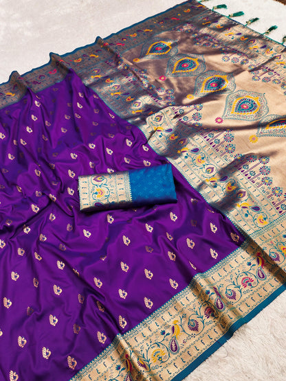 Purple color paithani silk saree with blouse images