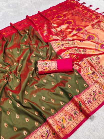 Mehendi color paithani silk saree with blouse design
