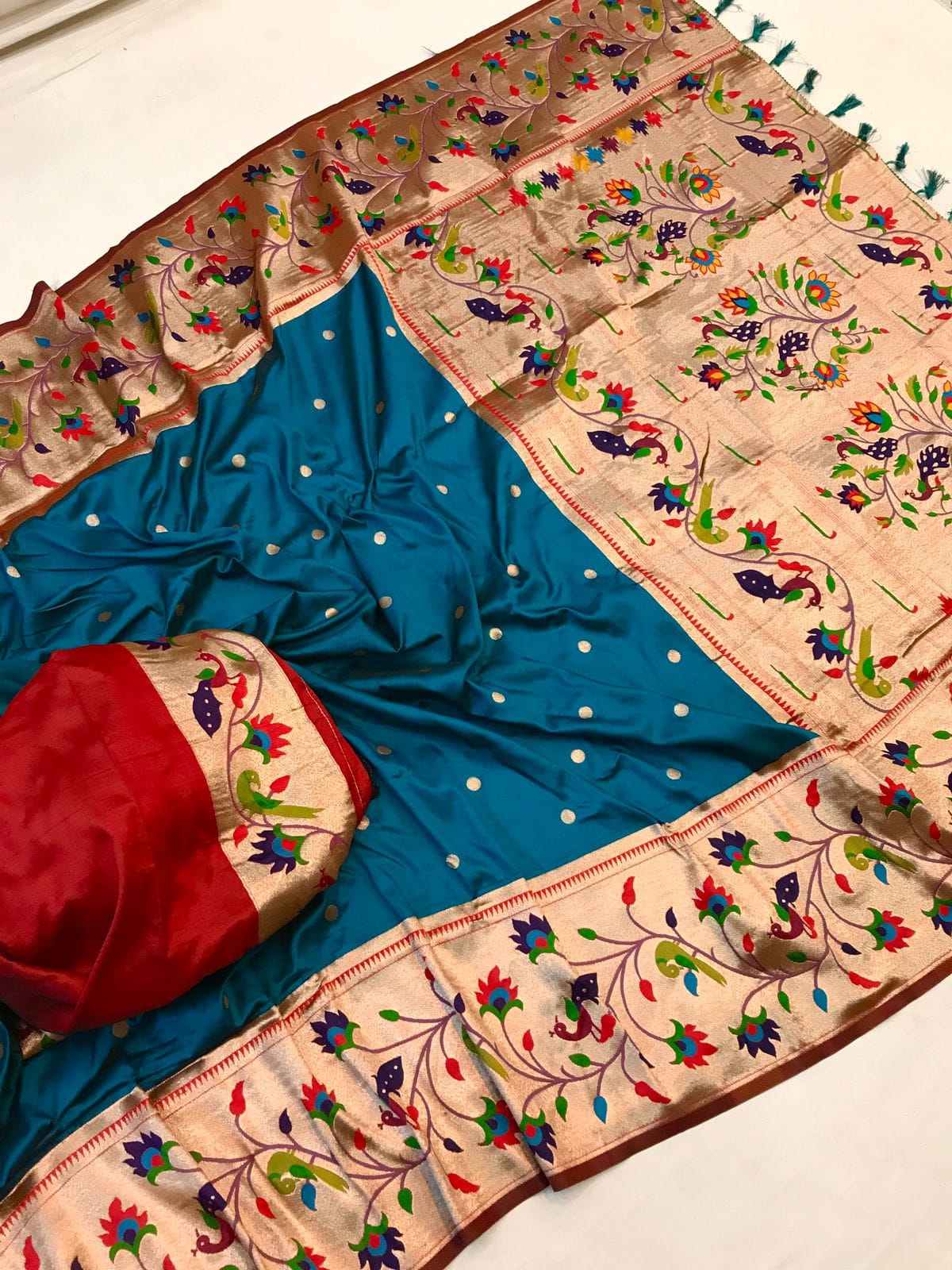 Teal blue color paithani silk saree for women