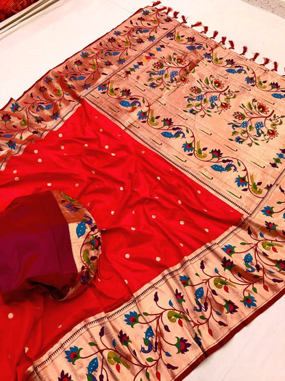 Red color paithani silk saree with blouse price