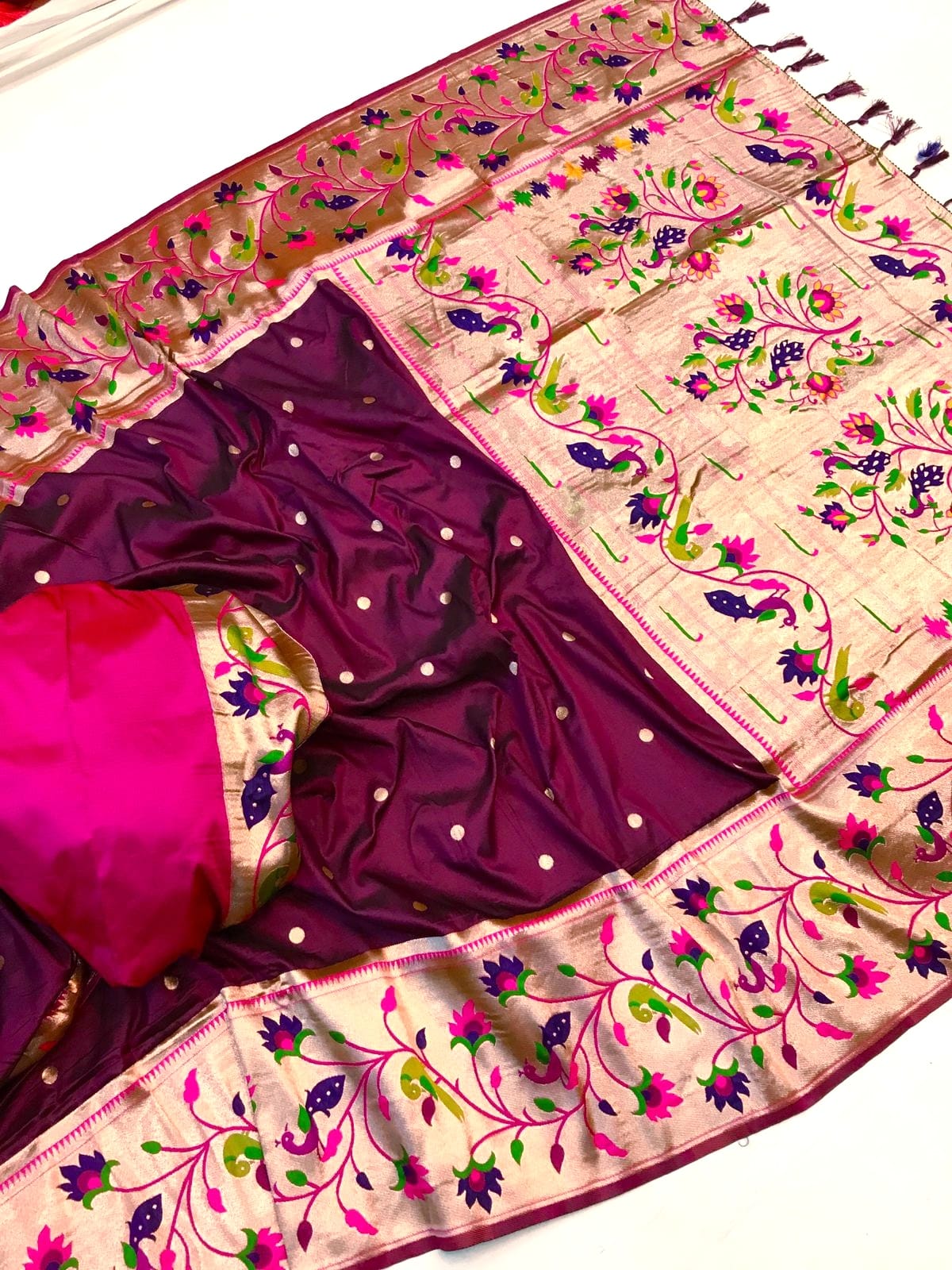 Wine color paithani silk saree with blouse online shopping