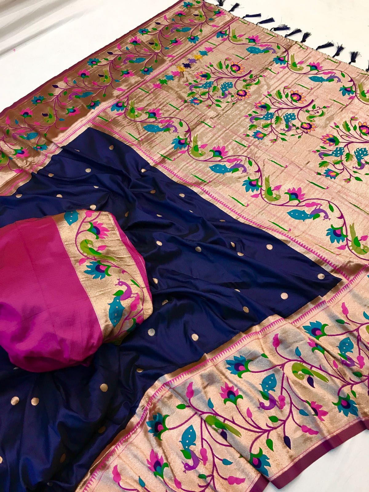 Navy blue color paithani silk saree with blouse online