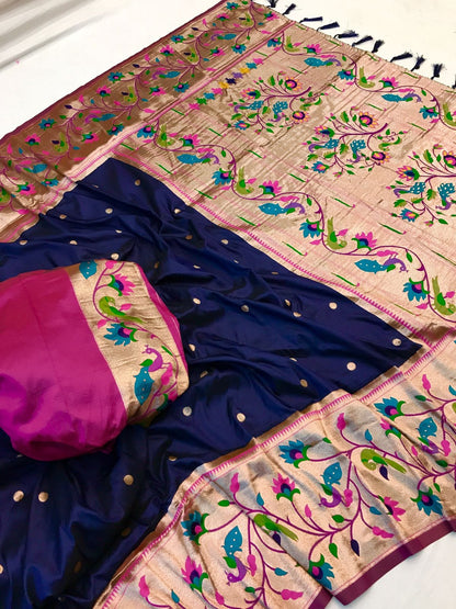 Navy blue color paithani silk saree with blouse online