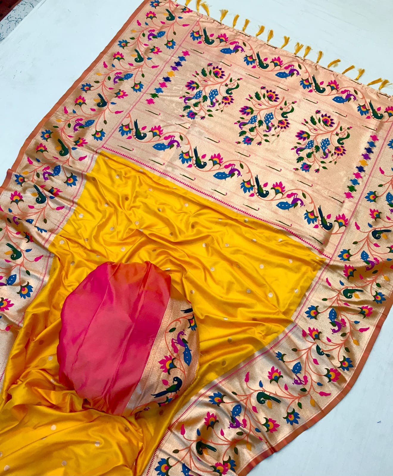 Yellow color paithani silk saree with blouse images
