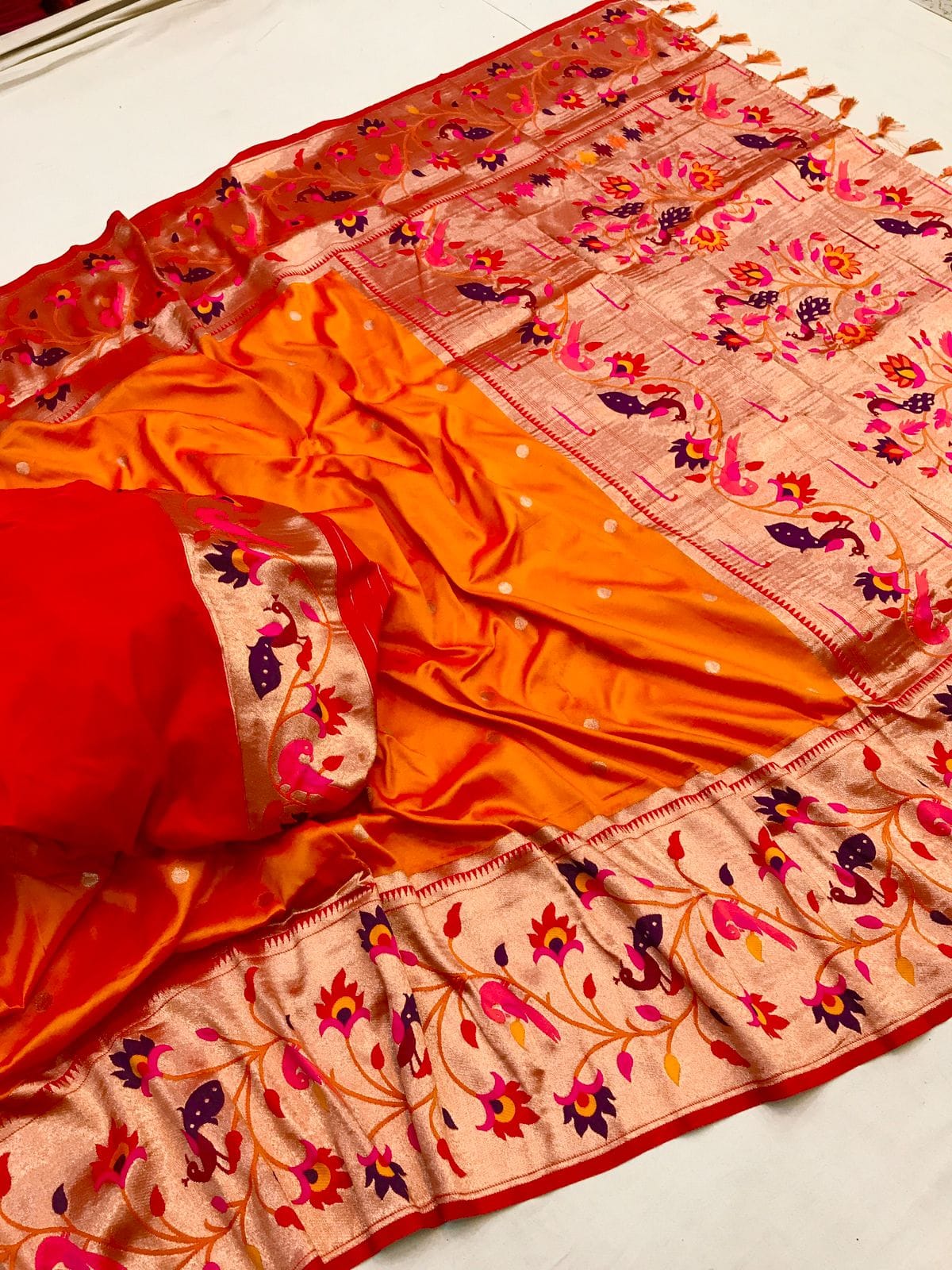 Orange color paithani silk saree with blouse 