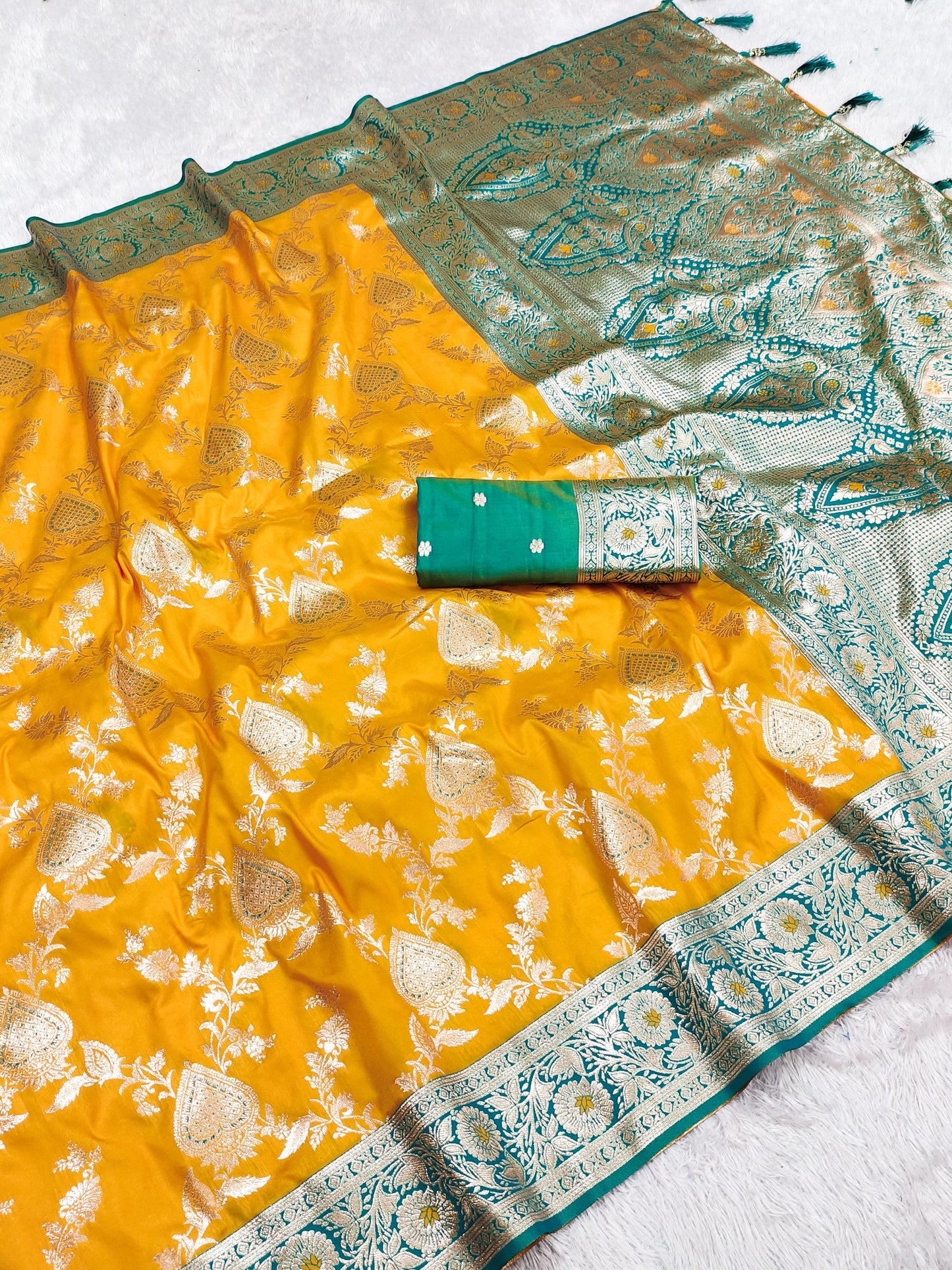 Yellow Banarasi Silk sarees for wedding with online