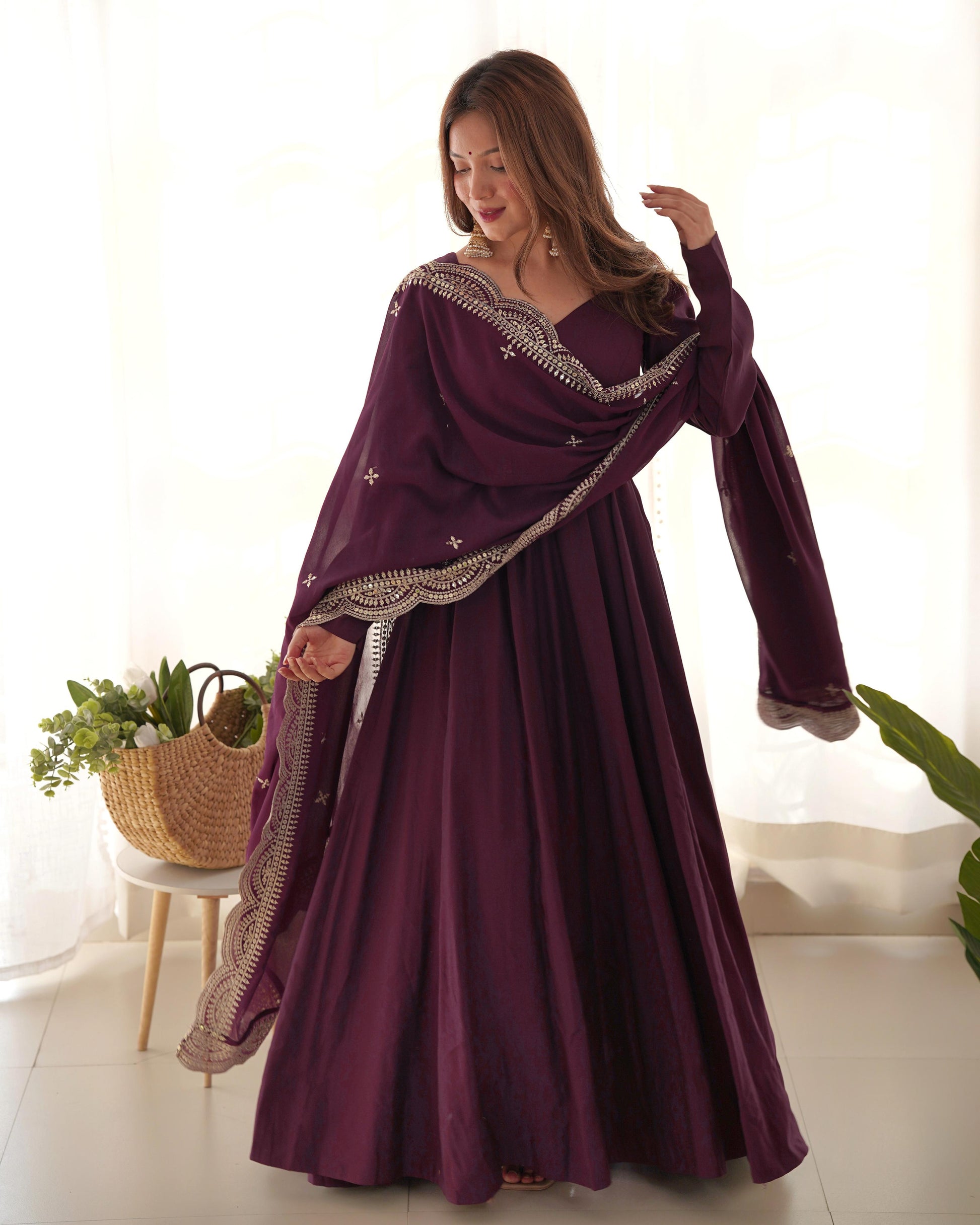 Wine color roman silk chanderi anarkali gown for women 