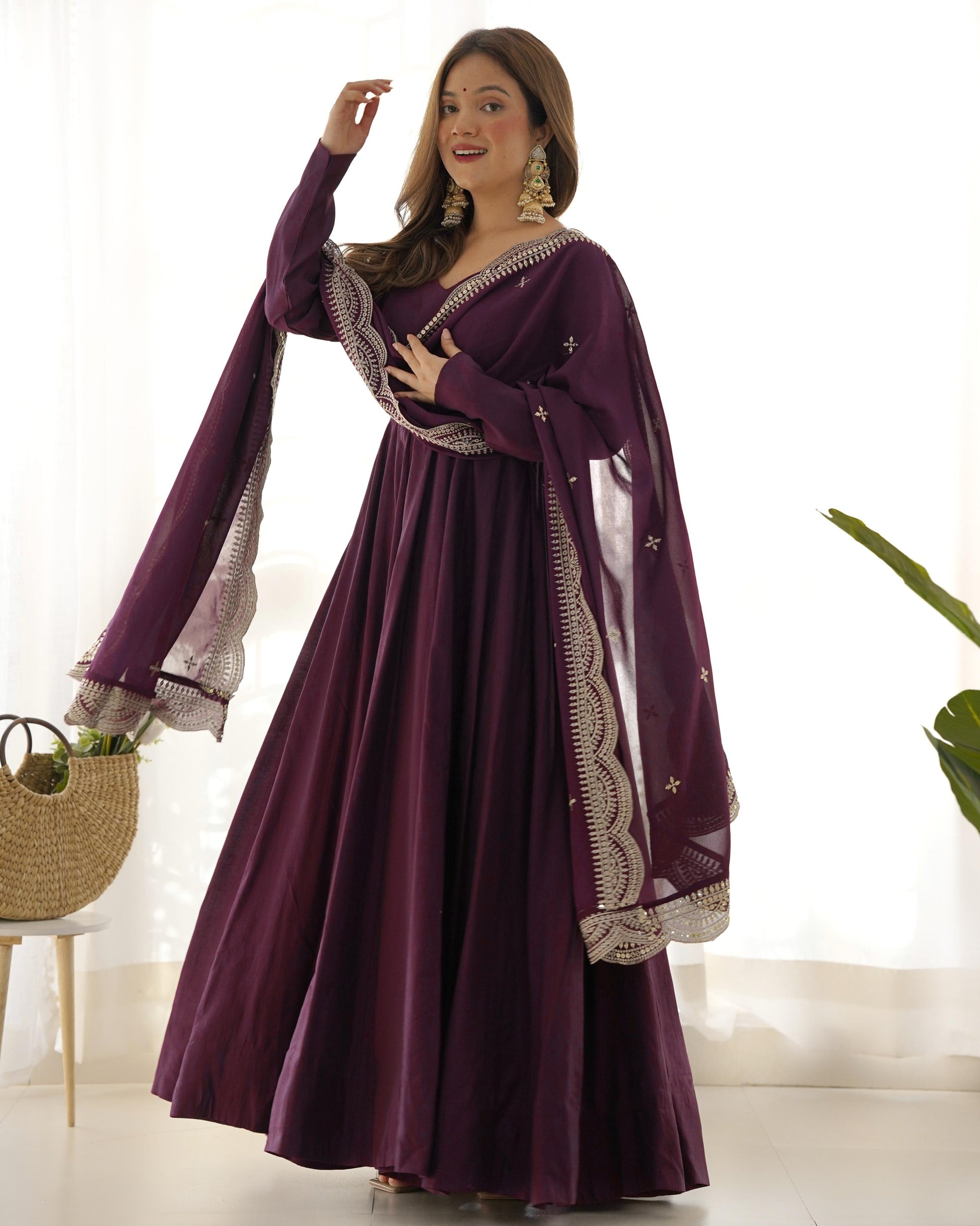 Wine color roman silk chanderi anarkali gown with dupatta