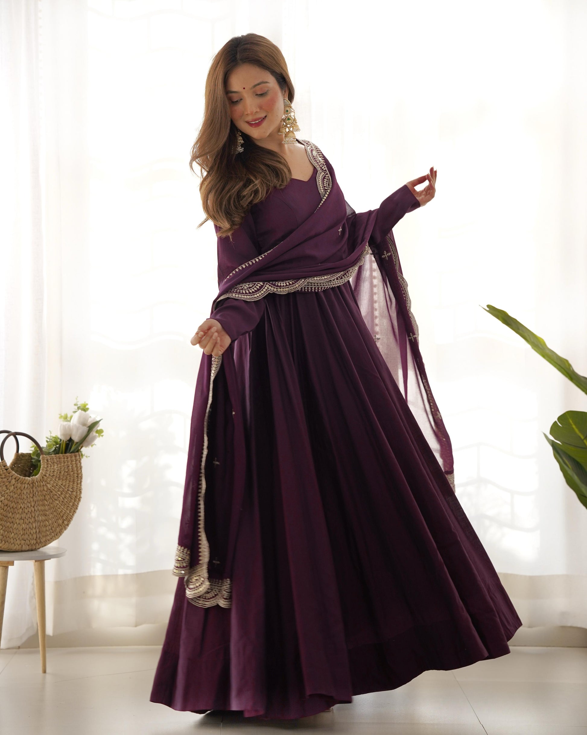 Wine color roman silk chanderi anarkali gown with online